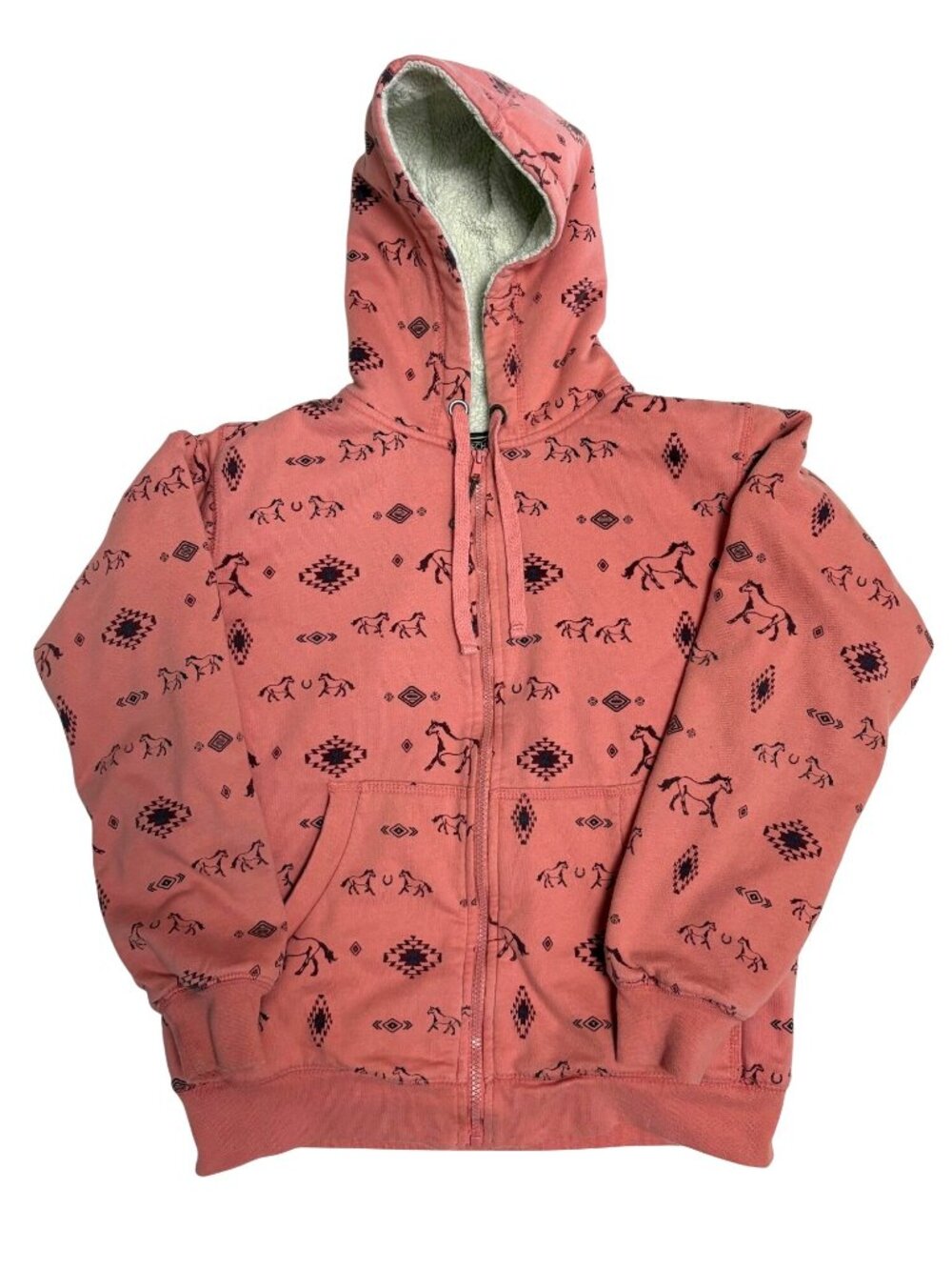 C.E. Schmidt Women's Medium Horse Print Hooded Sherpa-Lined Zip Jacket Pink